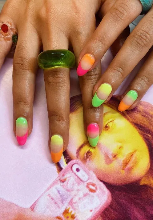Orange, yellow, and green tropical ombre French tip nails