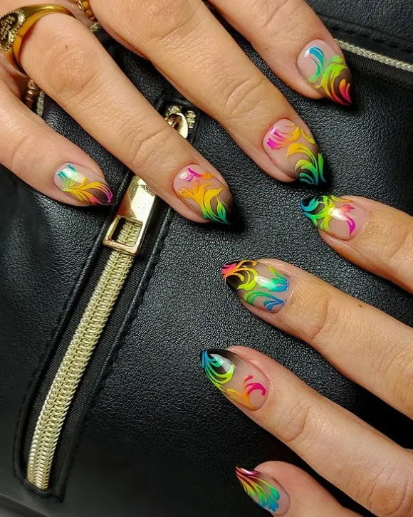 Short black ombre stiletto nails with neon baroque designs