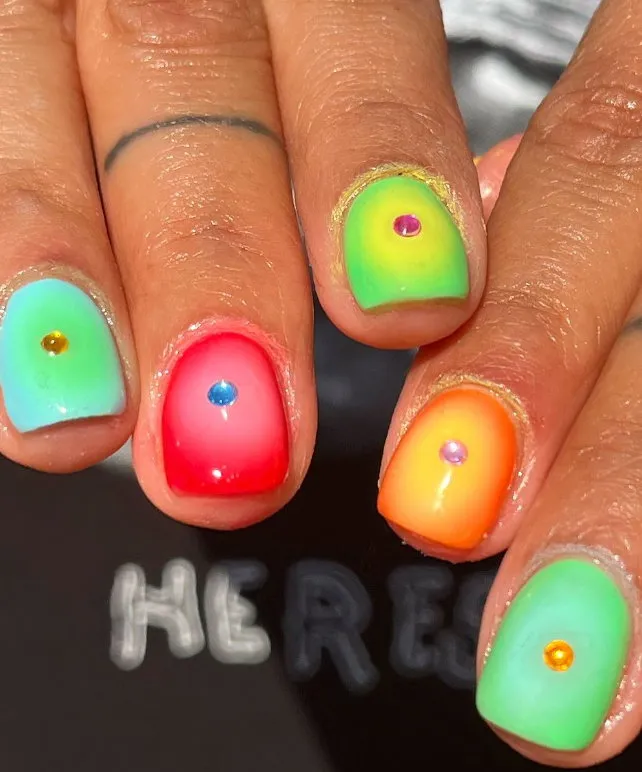 Short neon aura nails with gems