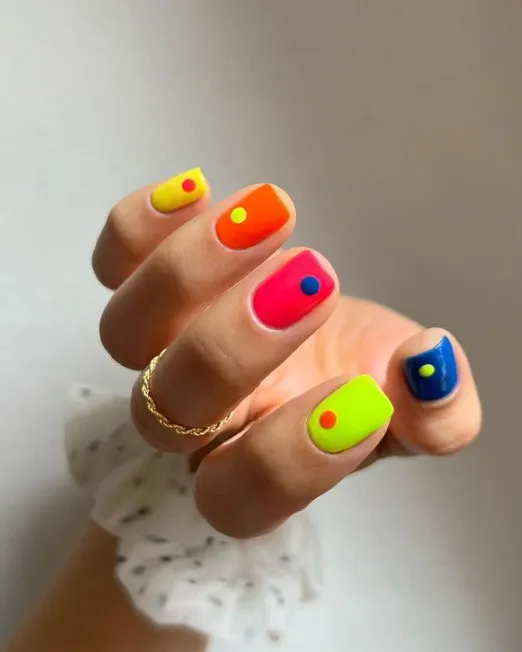 Square neon nails with simple dot designs